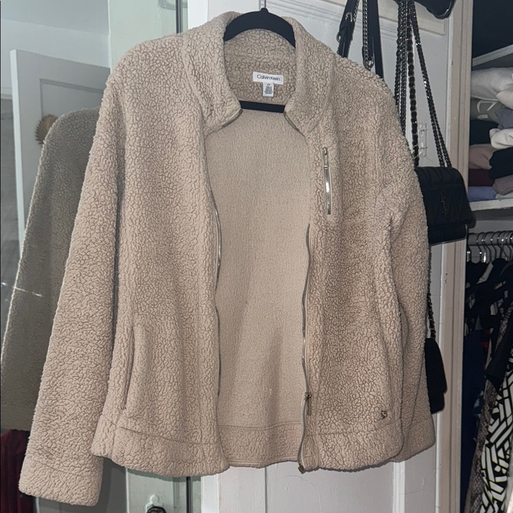 Calvin Klein Tan Teddy Jacket Plush Fleece Stand-Up Collar